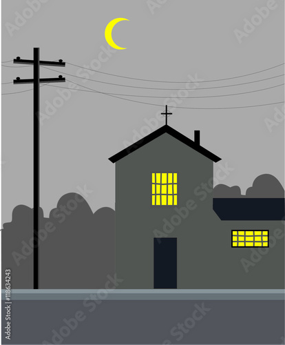Cute home in the street, electric lines ,yellow half moon in the night sky photo
