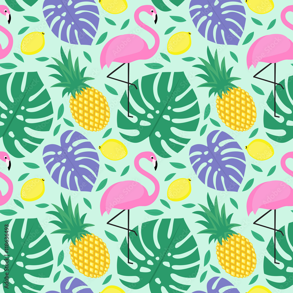 Obraz premium Seamless decorative background with flamingo, pineapple, lemons and green palm leaves. Tropical monstera leaves pattern with tropical fruits and exotic bird. Design for textile, wallpaper, fabric etc.