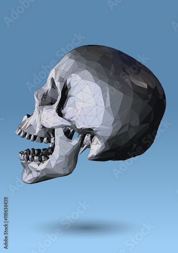 Low poly skull side view on blue background