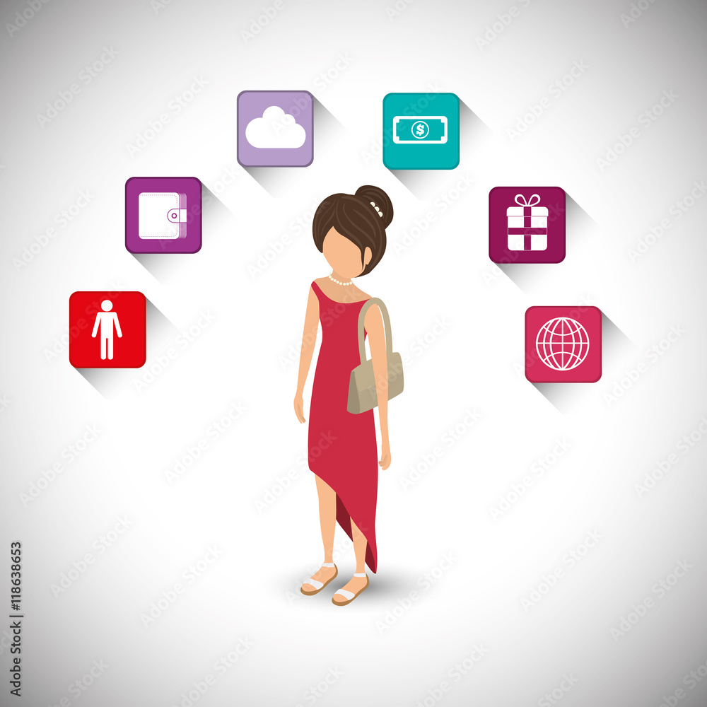 girl woman social media technology digital app icon set. Flat ...