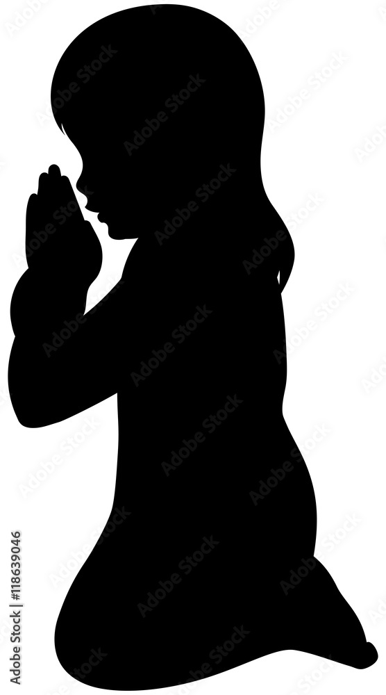 Silhouette illustration of a young girl kneeling with her hands together praying.