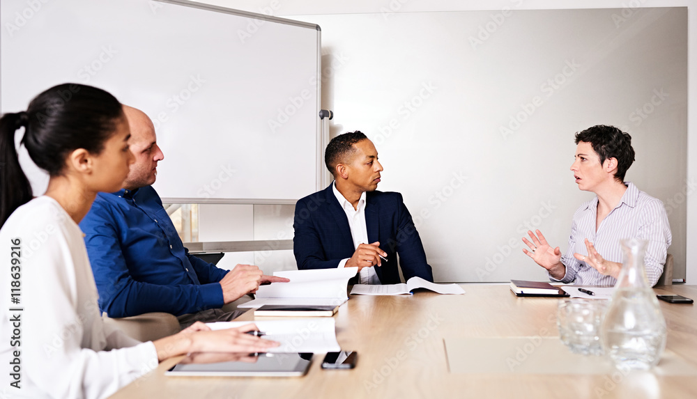 four young diverse business partners conducting a meeting in the board room of their new offices at the new conference table, with the mature caucasian female busy explaing her reasoning four young diverse business partners conducting a meeting in the board room of their new offices at the new conference table, with the mature caucasian female busy explaing her reasoning