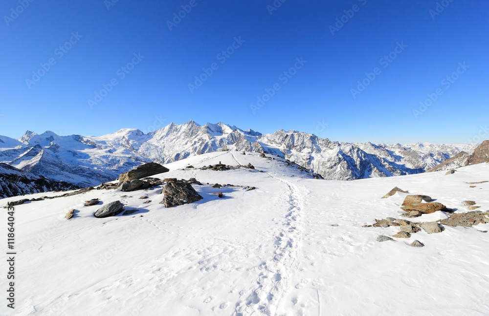 Hohsaas mountain, 3,142 m. The Alps, Switzerland.