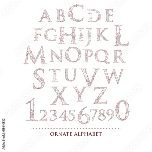 Abstract vector ornate old retro vintage alphabet and numbers