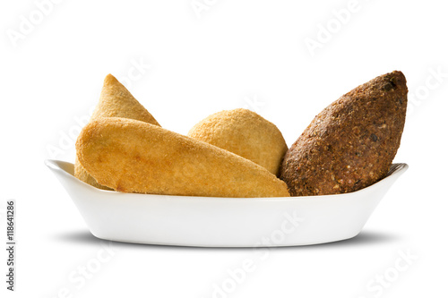 Mixed brazilian snack on white background. photo