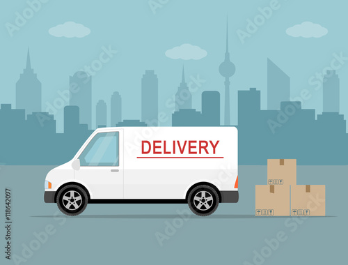 White delivery van with shadow and cardboard boxes on city background. Product goods shipping transport. Fast service truck 
