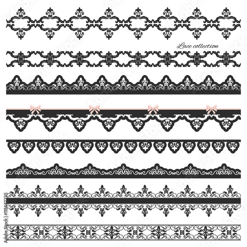 Set of black straight lace. Lines. Borders.