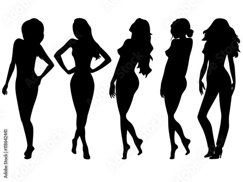 Set of five female silhouettes over white