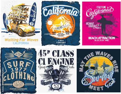 Surf sport typography, t-shirt graphics, vectors