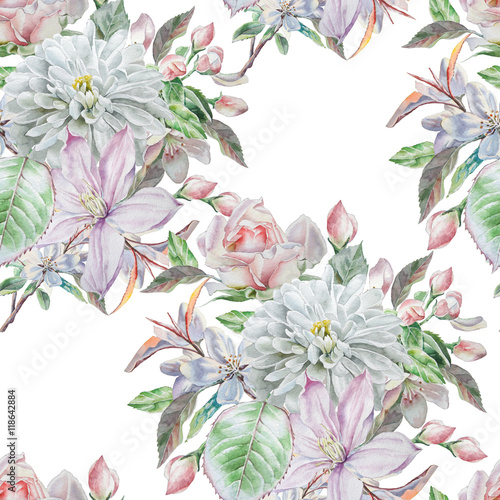 Seamless pattern with spring flowers. Rose. Chrysanthemum. Clematis. Watercolor.