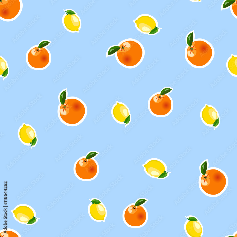 Seamless pattern with small lemon, orange stickers. Fruit isolated on a blue background Seamless pattern with small lemon, orange stickers. Fruit isolated on a blue background