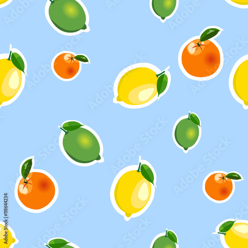 Fototapeta Naklejka Na Ścianę i Meble -  Seamless pattern with lemon, orange, lime. Fruit isolated on a blue background