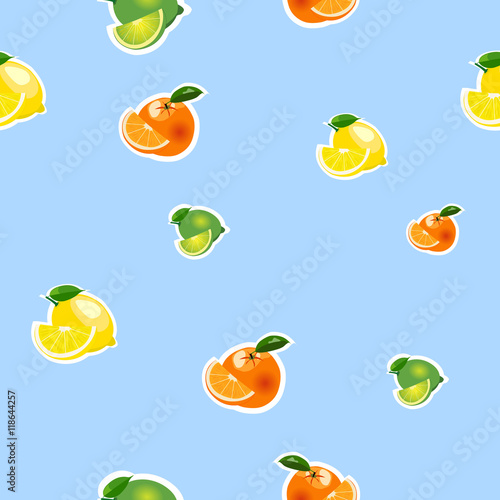 Seamless pattern with small lemon  orange  lime with slices. Fruit isolated on a blue background