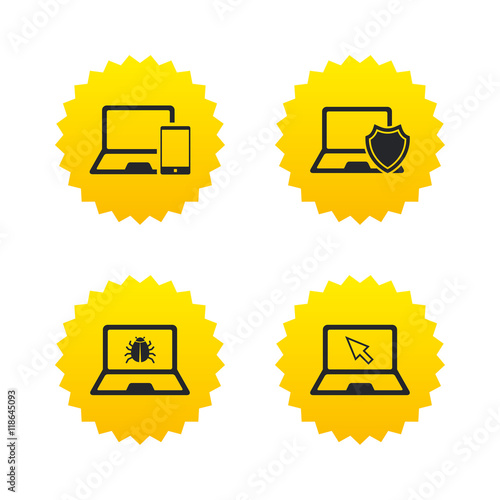 Foto Notebook laptop pc icons. Virus or software bug.