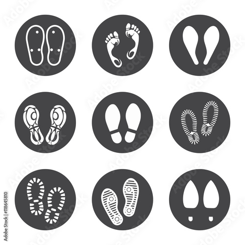 Footprint icons set vector illustration. Barefoot prints and boots footrints icons