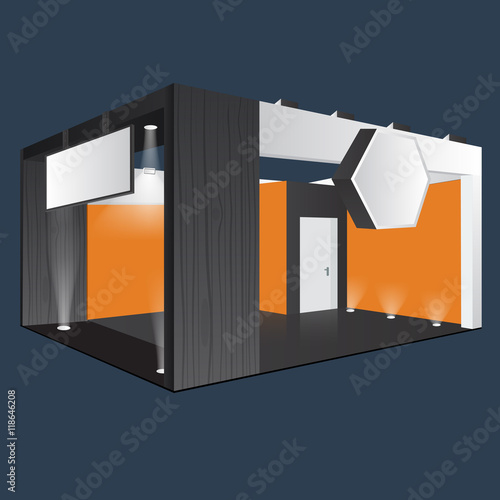 Creative exhibition stand display design with info board. Booth template. Corporate identity. Display Mock-up. Vector Mock up. Unique Trade booth template with beam light effect.