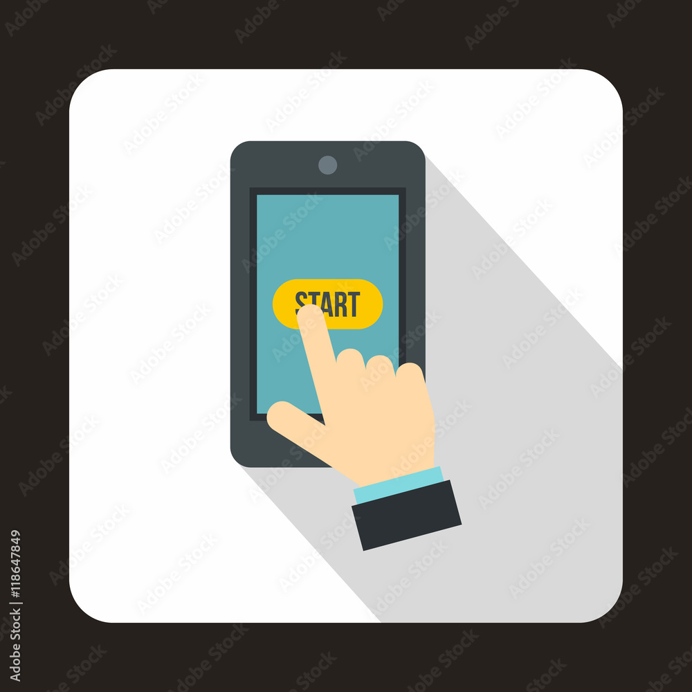 Hand presses on start button in smartphone icon in flat style with long shadow. Gadget symbol Hand presses on start button in smartphone icon in flat style with long shadow. Gadget symbol