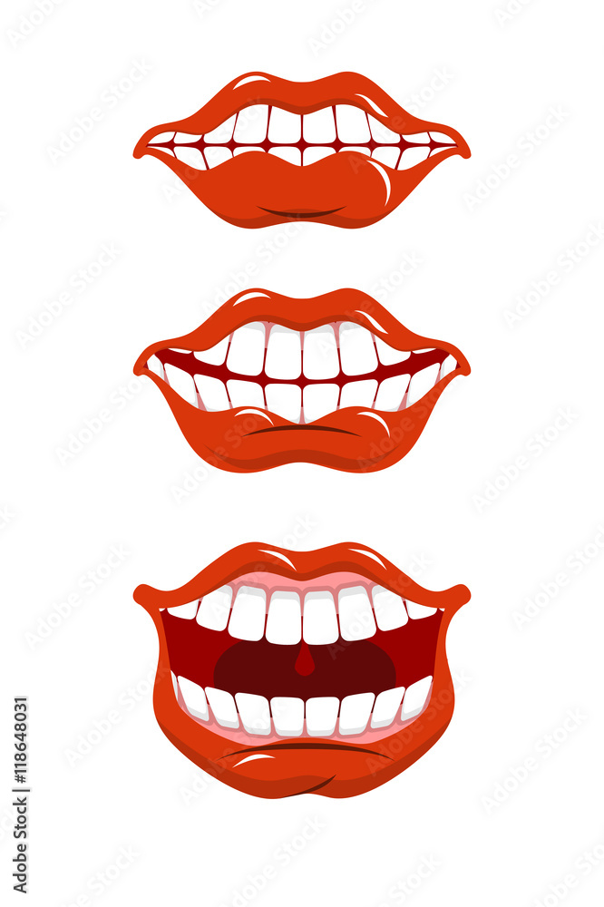 Smile lips set. Content mouth collection. Cheerful red lip and w