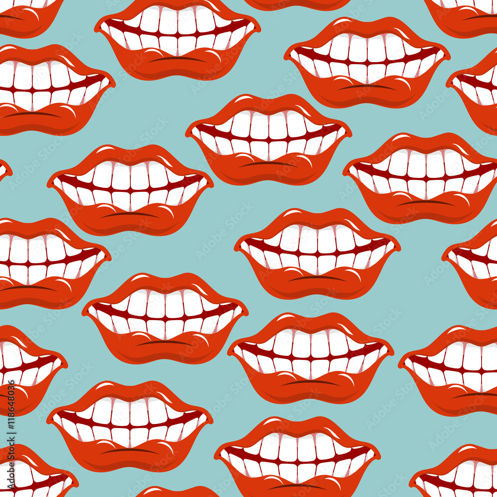 Cheerful smile lip seamless pattern. Red lips and white teeth te Cheerful smile lip seamless pattern. Red lips and white teeth te