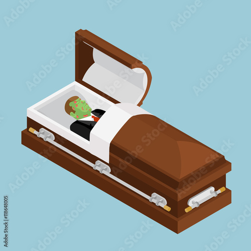Zombie in coffin. Green dead man lying in wooden casket. Corpse
