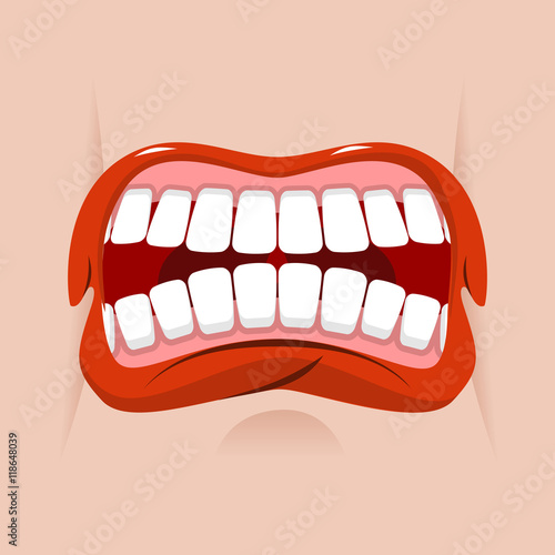 Angry mouth. aggressive emotion. Straseni grin. White teeth and
