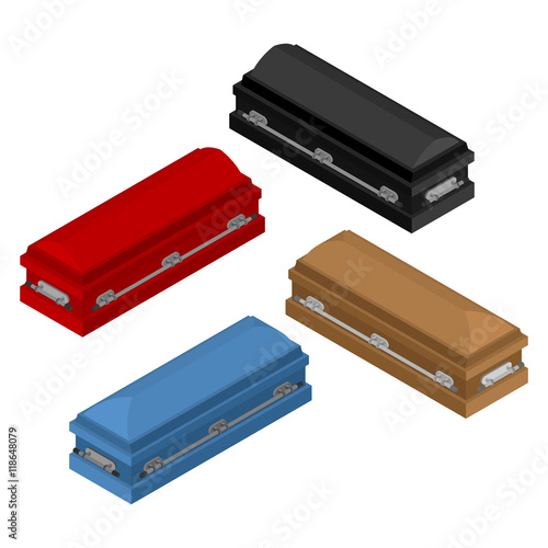 Wooden coffin isometric set. Multi-colored casket for burial. Re