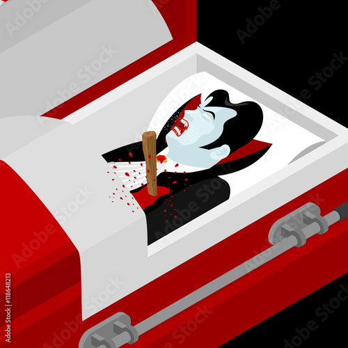 Death of Dracula. Vampire Count in an open coffin. Aspen stake i