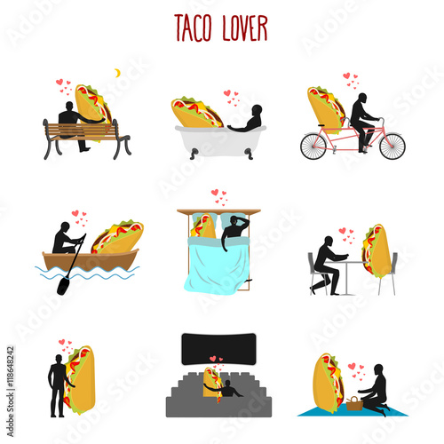 Lover taco set. Love to Mexican food collection. Man and fastfoo © maryvalery
