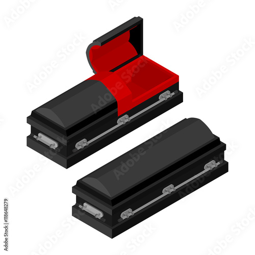Coffin isometrics. Wooden casket for burial. Open and closed hea