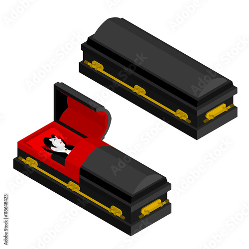 Dracula in coffin. Vampire Count in an open hearse. Ghoul in cas