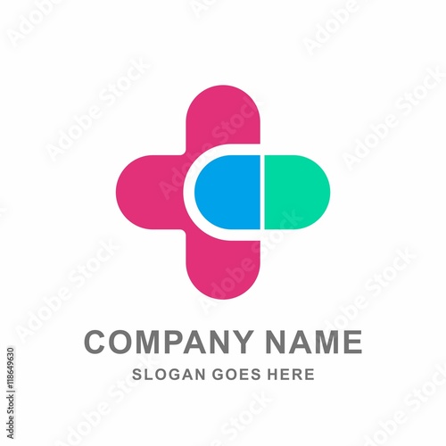 Medical Pharmacy Geometric Cross Capsule Caplet Medicine Vector Logo Design Template