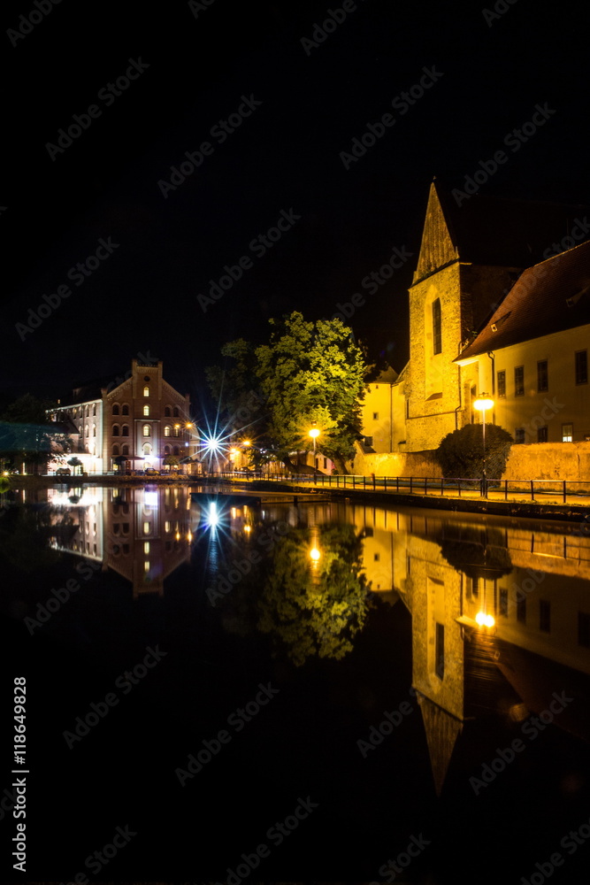 Historic centre of Ceske Budejovice at night, Budweis, Budvar, South Bohemia, Czech Republic, Europe.