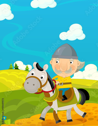 Fototapeta Naklejka Na Ścianę i Meble -  Cartoon funny scene with traditional happy character - knight - illustration for children