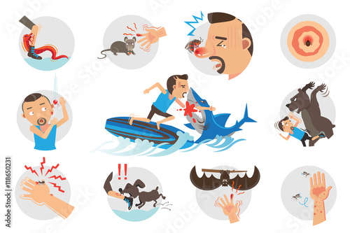 Animal Bites Wild Animal Attacking Hurting Human.Cartoon vector, illustrations