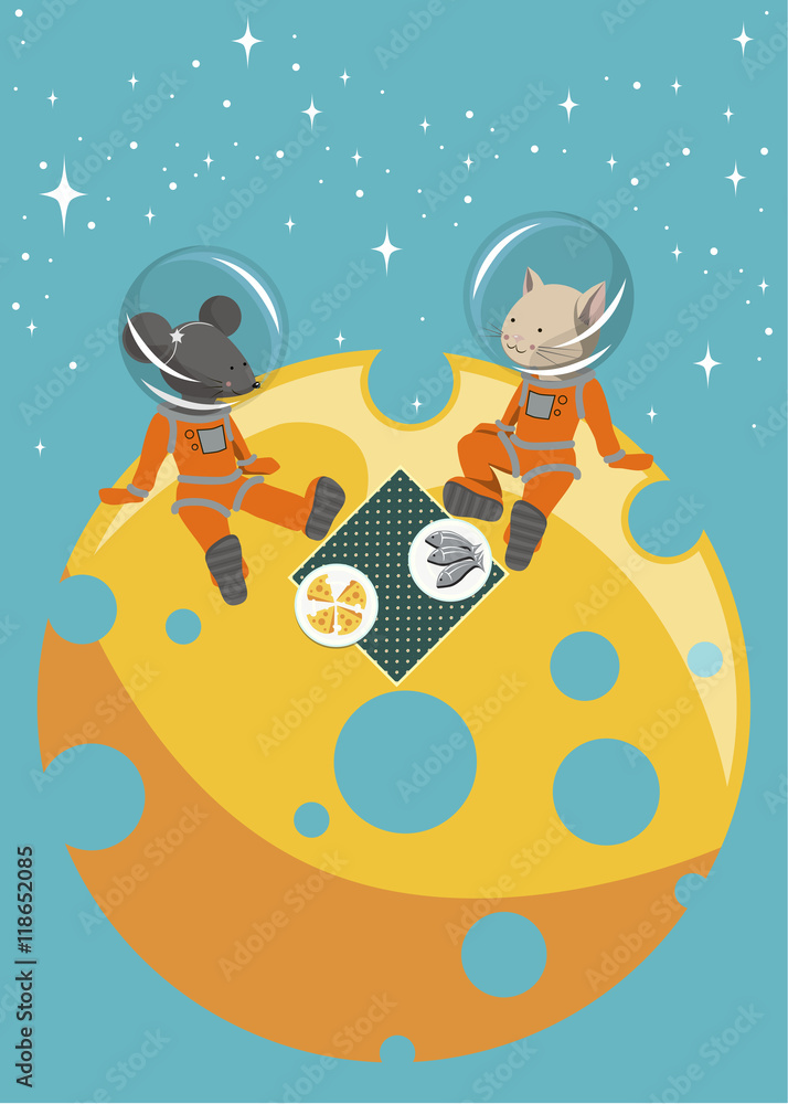 Fototapeta premium The illustration. The cat and mouse sitting on the moon in spacesuits. They have a picnic on a table cloth are plates of fish and cheese.