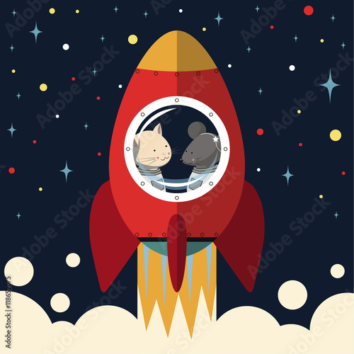 The illustration. The cat and the mouse take off on the red rocket.In the sky the stars Shine with different colors. Cat and mouse look out the window.