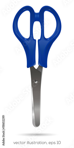 Scissors with plastic blue handles on a white background. Vector illustration