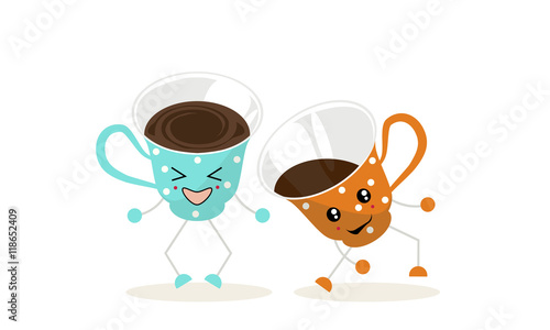 The illustration.One cup of blue color with white polka dots and one cup of orange color with white polka dots dance and laugh.
