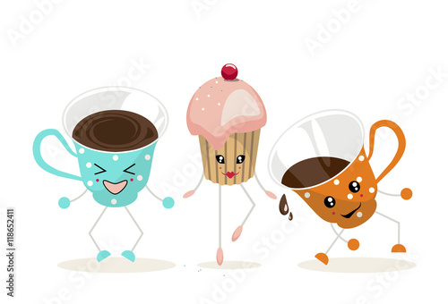 The illustration.One cup of blue color with white polka dots, cupcake with pink cream and one cup of orange color with white polka dots dance and laugh.