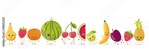 The fruits and berries:pear, raspberry,orange ,watermelon , cherry, slice of watermelon, apple, banana, plum, strawberry, pineapple are in different poses and different expressions on their faces.