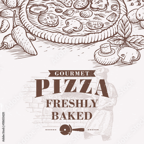 Hand drawn pizza and chef making pizza at wood oven, vector