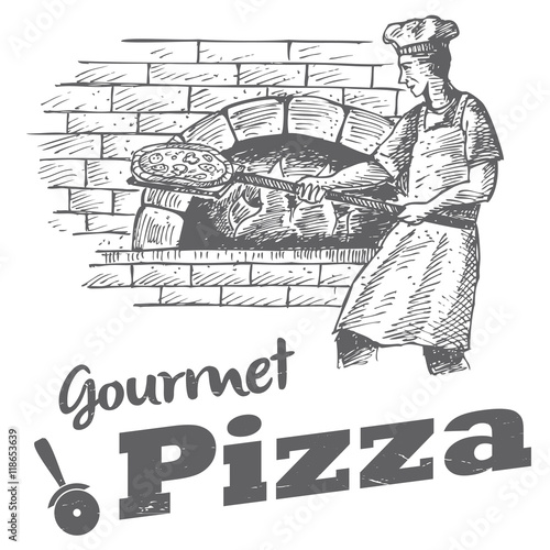 Illustration of baker baking pizza in a brick oven