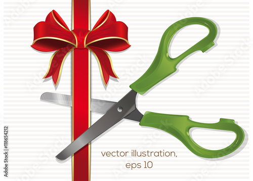 Scissors cut the red ribbon with a bow. Vector illustrations