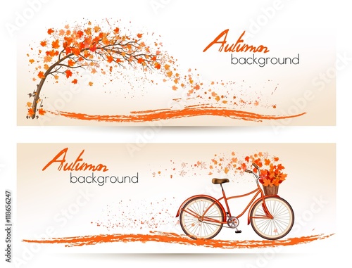 Two autumn banners with colorful leaves and bicycle Vector