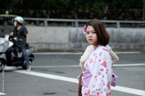 young asian woman wearing kimono with vintage filter