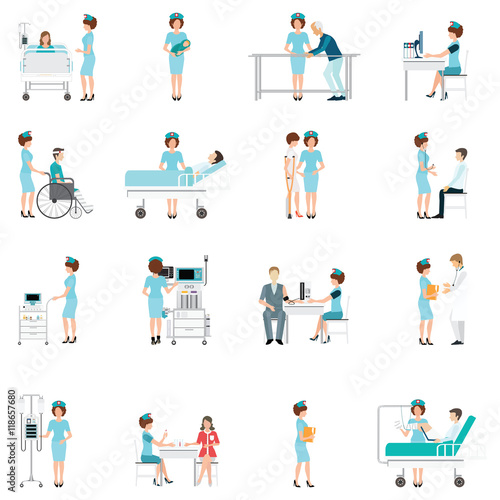 Nurse healthcare decorative icons set with patients.