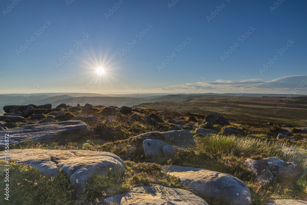 Magnificent landscape of rock formations and moorland at The Roaches in the Peak District in Derbyshire, a stunning area of great natural beauty covering 555 square miles across central England