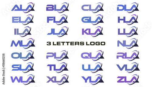 3 letters modern swoosh logo ALA, BLA, CLA, DLA, ELA, FLA, GLA, HLA, ILA, JLA, KLA, LLA, MLA, NLA, OLA, PLA, QLA, RLA, SLA, TLA, ULA, VLA, WLA, XLA, YLA, ZLA. photo