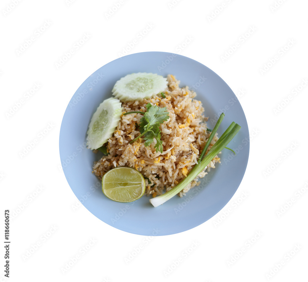Crab Fried Rice of Thai foods in blue dish isolated. Crab Fried Rice of Thai foods in blue dish isolated.