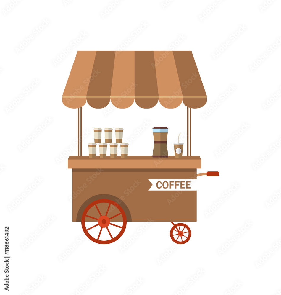 Flat Icon Cart of Coffee Isolated on White Background - Stock